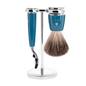 Mühle Rytmo 3-piece shaving set, blue Mach3®, pure black shaving brush
