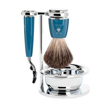Mühle Rytmo 4-piece shaving set, blue Mach3®, pure black shaving brush