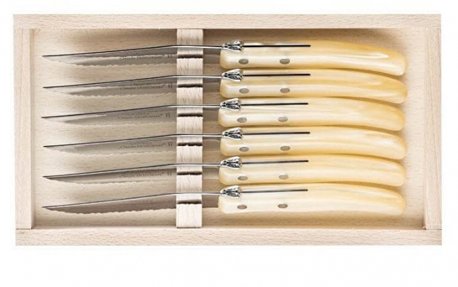Wood box of 6 Laguiole knives stainless steel bolster Claude Dozorme Wood box of 6 Laguiole knives stainless steel bolster Claude Dozorme