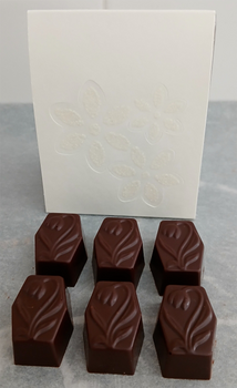 Pochette « Fleurs » + 6 pralines TULIPPE en chocolat NOIR ONCTUEUX 60% BIO sans allergènes Exquidia : 49 grammes