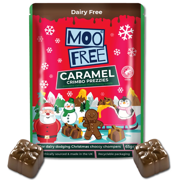 CARAMEL Crimbo Prezzies en forme de cadeaux caramélisés vegan sans allergènes Moo Free : 65 grammes