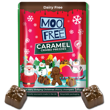 CARAMEL Crimbo Prezzies en forme de cadeaux caramélisés vegan sans allergènes Moo Free : 65 grammes