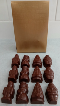Pochette dorée +12 sujets de Noël (Père Noël, bonhomme de neige, sapin, petit soldat) en chocolat ALTERNATIVE au lait (sans lait) BIO vegan sans allergènes Exquidia : 130g