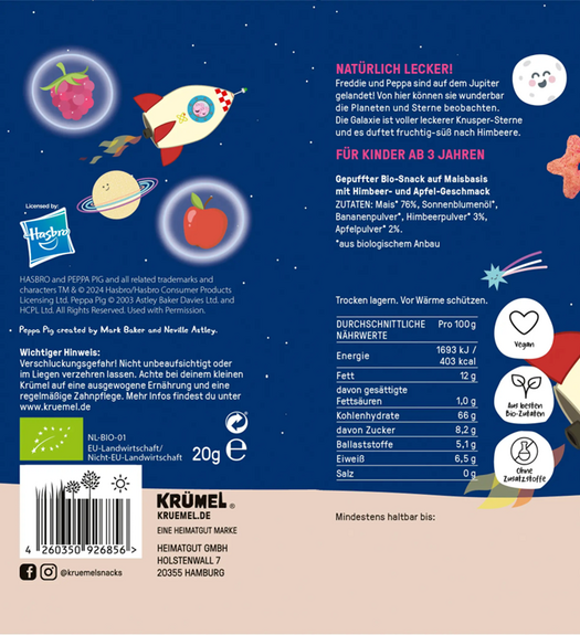 ÉTOILES croustillantes à la FRAMBOISE Peppa Pig BIO vegan sans allergènes Krümel : 20 grammes