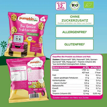 ROUES de tracteur de légumes soufflés BIO vegan sans allergènes Pumpkin Organics : 20 grammes
