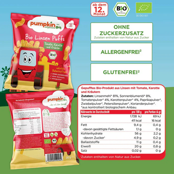 LENTILLES ondulées au goût pizza BIO vegan sans allergènes Pumpkin Organics : 20 grammes