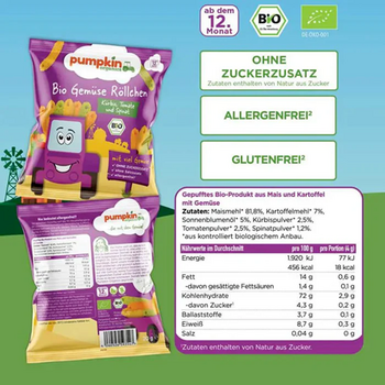 TUBES de légumes soufflés BIO vegan sans allergènes Pumpkin Organics : 20 grammes