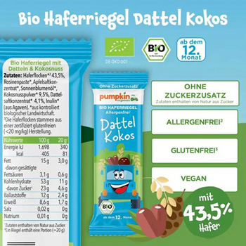 Barre à l'avoine DATTES COCO BIO vegan sans allergènes Pumpkin Organics : 20 grammes
