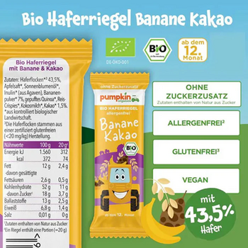 Barre à l'avoine BANANE CACAO BIO vegan sans allergènes Pumpkin Organics : 20 grammes