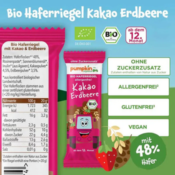 Barre à l'avoine CACAO FRAISE BIO vegan sans allergènes Pumpkin Organics : 20 grammes