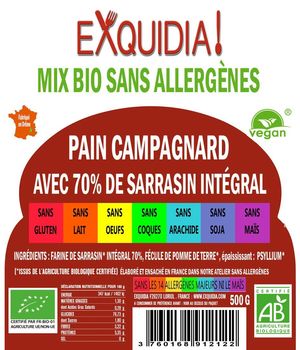 MIX PAIN CAMPAGNARD (70%) au sarrasin intégral BIO vegan sans allergènes sans maïs Exquidia : 500 grammes