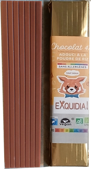 1 MINI barre striée en chocolat ALTERNATIVE au lait (sans lait) BIO vegan sans allergène Exquidia : 25 grammes