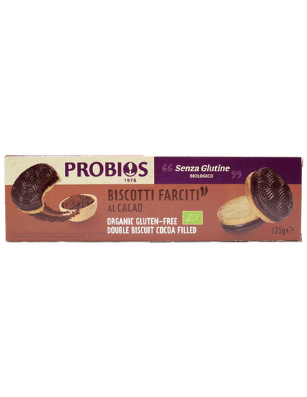 Biscuits fourrés au CACAO BIO vegan sans gluten sans lait sans oeufs sans coque sans arachide Probios : 125g