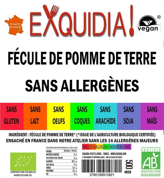 Fécule de pomme de terre BIO sans allergènes sans maïs vegan Exquidia : 500g
