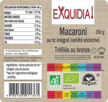 Pâtes macaroni de riz intégral (variété ancienne) BIO vegan sans allergènes sans maïs Exquidia : 350 grammes