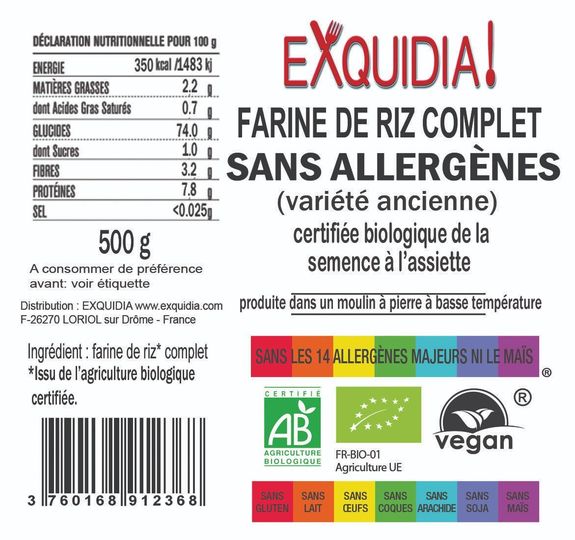 Merveilleuse FARINE de riz COMPLET (variété ancienne) BIO vegan sans allergènes sans maïs Exquidia : 500 grammes