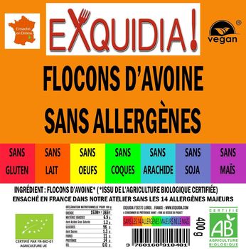 FLOCONS d'avoine (petites feuilles) BIO vegan sans allergènes sans maïs Exquidia : 400 grammes