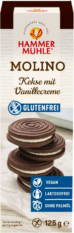 Biscuits au cacao fourrés d'une crème vanille vegan sans allergènes Hammermülhe : 125 grammes