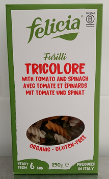 Pâtes FUSILLI riz tricolore (riz*, tomate*, épinards*) BIO vegan sans allergènes sans maïs Felicia : 250 grammes