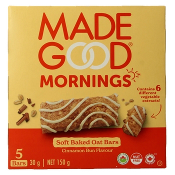 5 BARRES MORNINGS saveur brioche à la cannelle BIO vegan sans allergènes MadeGood : 150 grammes