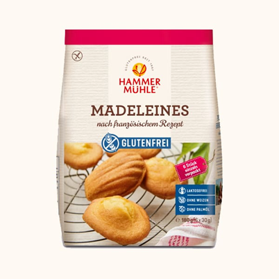 Madeleines NATURE sans gluten, sans lait, sans soja, sans arachide Hammermülhe : (6x30g) = 180 grammes