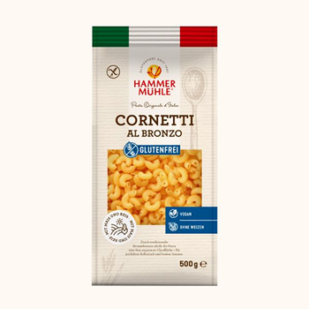Pâtes CORNETTI maïs et riz vegan sans gluten, sans lait, sans oeufs, sans coque, sans arachide Hammermülhe : 500 grammes