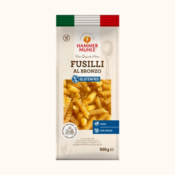 Pâtes FUSILLI maïs et riz vegan sans gluten, sans lait, sans oeufs, sans coque, sans arachide Hammermülhe : 500 grammes