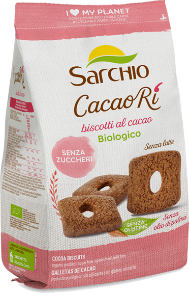 Biscuits au CACAO en forme de carré BIO sans gluten sans lait sans soja sans arachide sans sucre Sarchio : 200 grammes