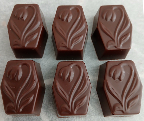 Pochette « Fleurs » + 6 pralines TULIPPE en chocolat NOIR ONCTUEUX 60% BIO sans allergènes Exquidia : 49 grammes