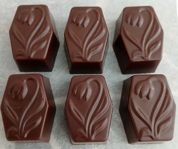 Pochette « Fleurs » + 6 pralines TULIPPE en chocolat NOIR ONCTUEUX 60% BIO sans allergènes Exquidia : 49 grammes