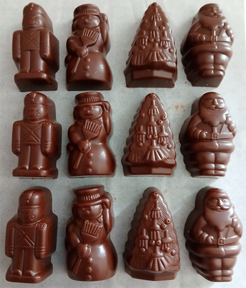 Pochette dorée +12 sujets de Noël (Père Noël, bonhomme de neige, sapin, petit soldat) en chocolat ALTERNATIVE au lait (sans lait) BIO vegan sans allergènes Exquidia : 130g