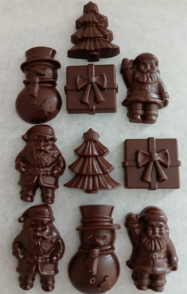 Pochette surprise + 10 décors de Noël en chocolat NOIR ONCTUEUX 60% BIO sans allergènes Exquidia : 124 grammes