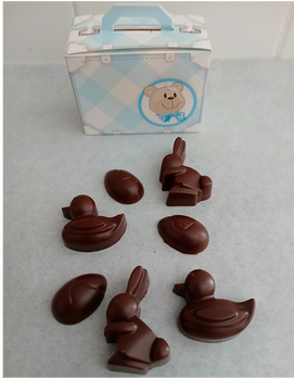 VALISETTE (lapins, canards, oeufs de Pâques) en chocolat ALTERNATIVE au lait (sans lait) BIO vegan sans allergènes Exquidia : 40g