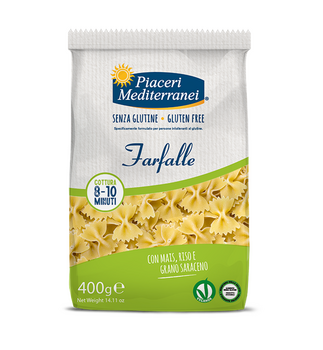 Pâtes FARFALLE (maïs, riz, sarrasin) vegan sans gluten sans lait sans oeufs sans coque sans arachide Piaceri Mediterranei : 400g