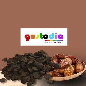 TUBE pépites de chocolat NOIR (71%) adouci à la poudre de dattes sans allergènes Gustodia : 110g