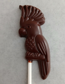 1 sucette PERROQUET à crête en chocolat NOIR 60% BIO vegan sans allergènes Exquidia :  17 grammes