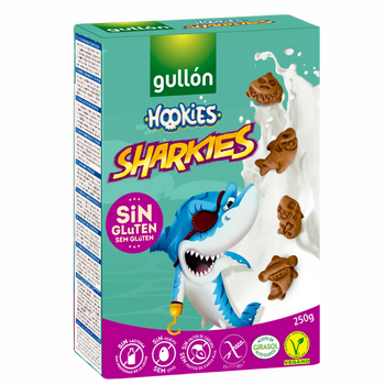 Biscuits SHARKIES en forme de requins au CACAO vegan sans gluten sans lait sans oeufs sans coque sans arachide Gullon : 250g