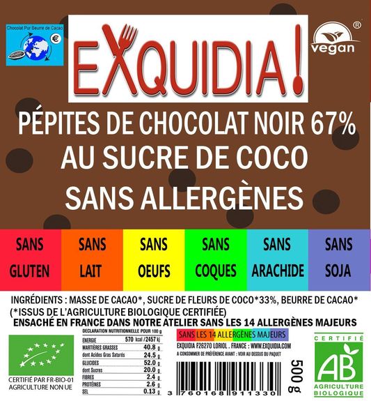 Pépites de chocolat noir 67% au sucre de fleurs de coco BIO vegan sans allergènes Allfree premium : 500 grammes