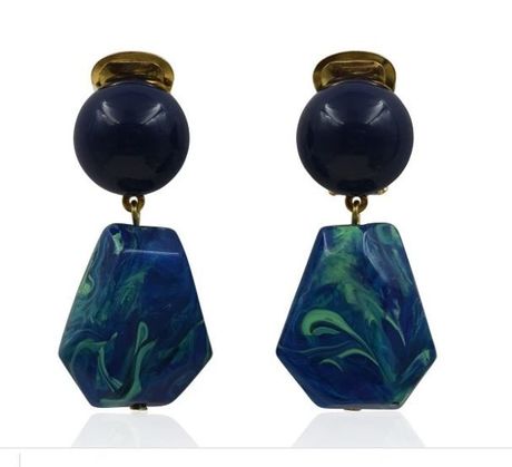 Boucles D'oreilles Vintage à Clips En Résine Bleu Translucide Et Or - Pièce D'occasion Sans Marque