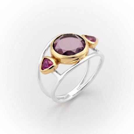 Bague Canyon en argent 925 et laiton décorée d'un grand verre améthyste