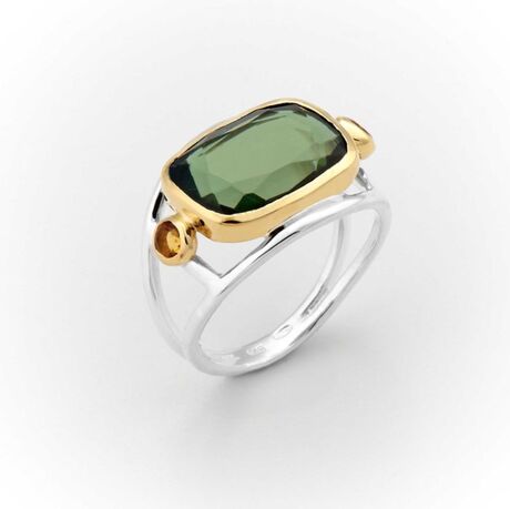 Bague en argent et laiton decorée d'un grand verre tourmaline vert