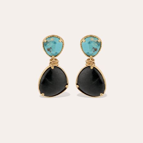 Boucles d'oreilles Gas Silia dorées Turquoise et Basalte noir