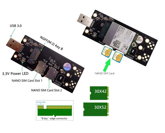 M2 B Key 3042 3052 to USB3 Dual Nano SIM Adapter for 3G 4G 5G Cards