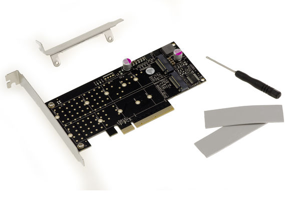 3.0 8X PCIe board for 2 M.2 NVMe M Key SSDs (M2 NGFF). PERICOM CHIPSET PI6C20400ALE. Bifurcation mode Only.