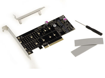 3.0 8X PCIe board for 2 M.2 NVMe M Key SSDs (M2 NGFF). PERICOM CHIPSET PI6C20400ALE. Bifurcation mode Only.