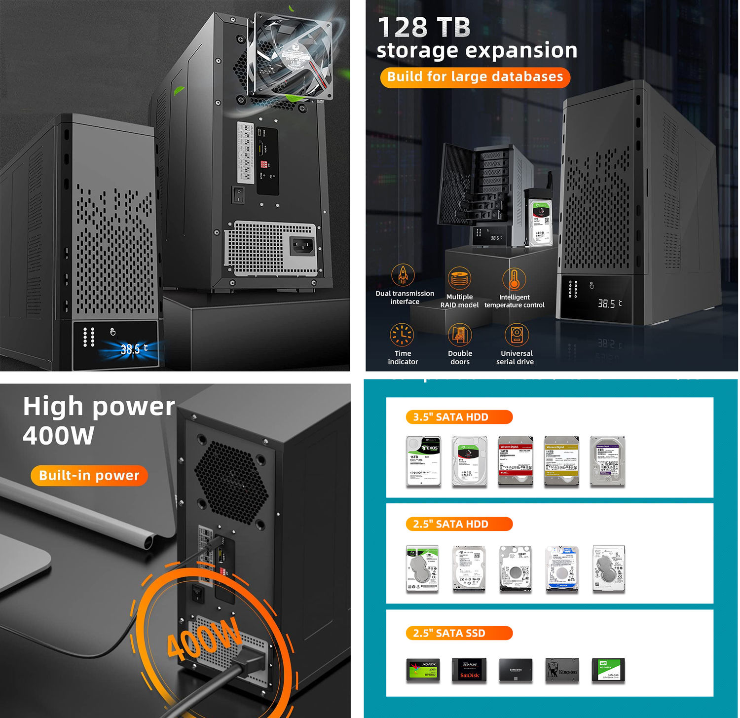 Boitier Baie USB 3 et eSATA pour 8 disques SATA . Alimentation 400W, capacité 128TB. HARWARE