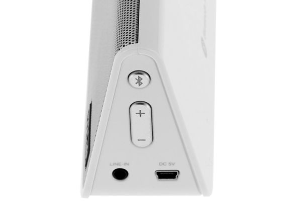 Rechargeable Bluetooth wireless stereo external speaker with white lacquer finish and aluminum grille
