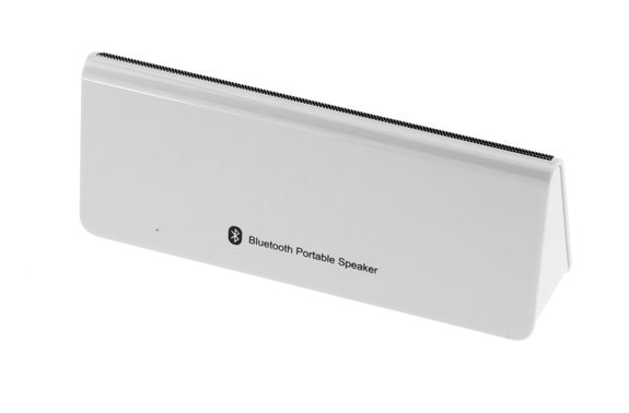 Rechargeable Bluetooth wireless stereo external speaker with white lacquer finish and aluminum grille