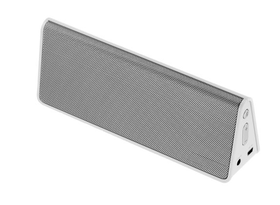 Rechargeable Bluetooth wireless stereo external speaker with white lacquer finish and aluminum grille
