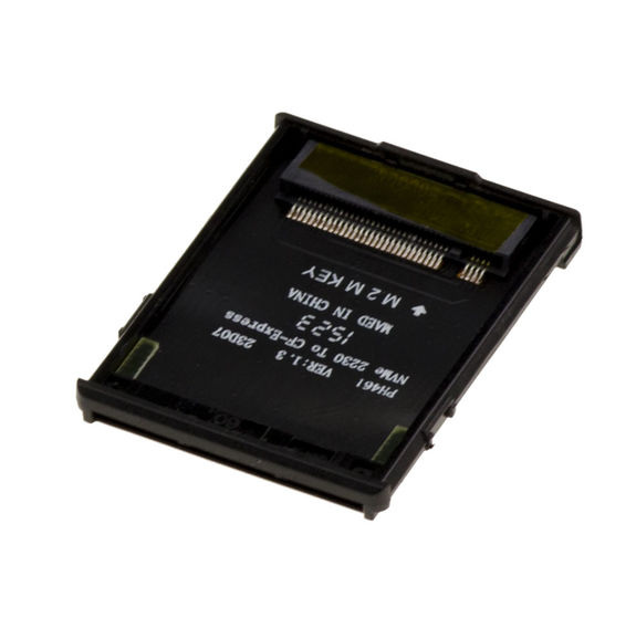 Adapter for using an SSD M2 NVMe 2230 in place of a CF Express type B card in a camera. With protective cover.